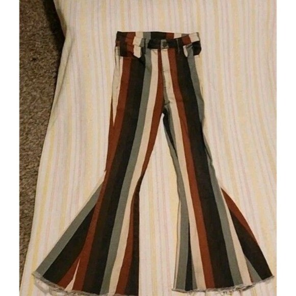 Mumu Multicolor Womens 27 Striped Cotton Flare Bell Bottom Boho Retro Style - Picture 1 of 8